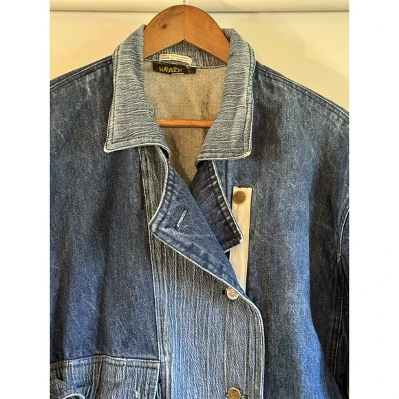 VTG Krazy Krinkle Denim Jean Jacket Women Large Distressed 80s 90s *flaw - Picture 2 of 10